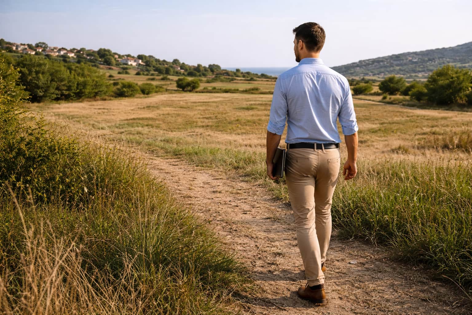 Persona caminando hacia un terreno que simboliza el proceso para venderlo paso a paso