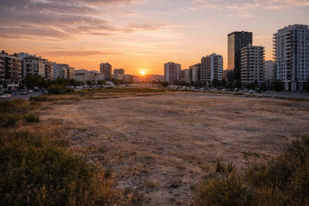 Solar urbano vacío entre edificios al atardecer, ideal para vender terreno o suelo