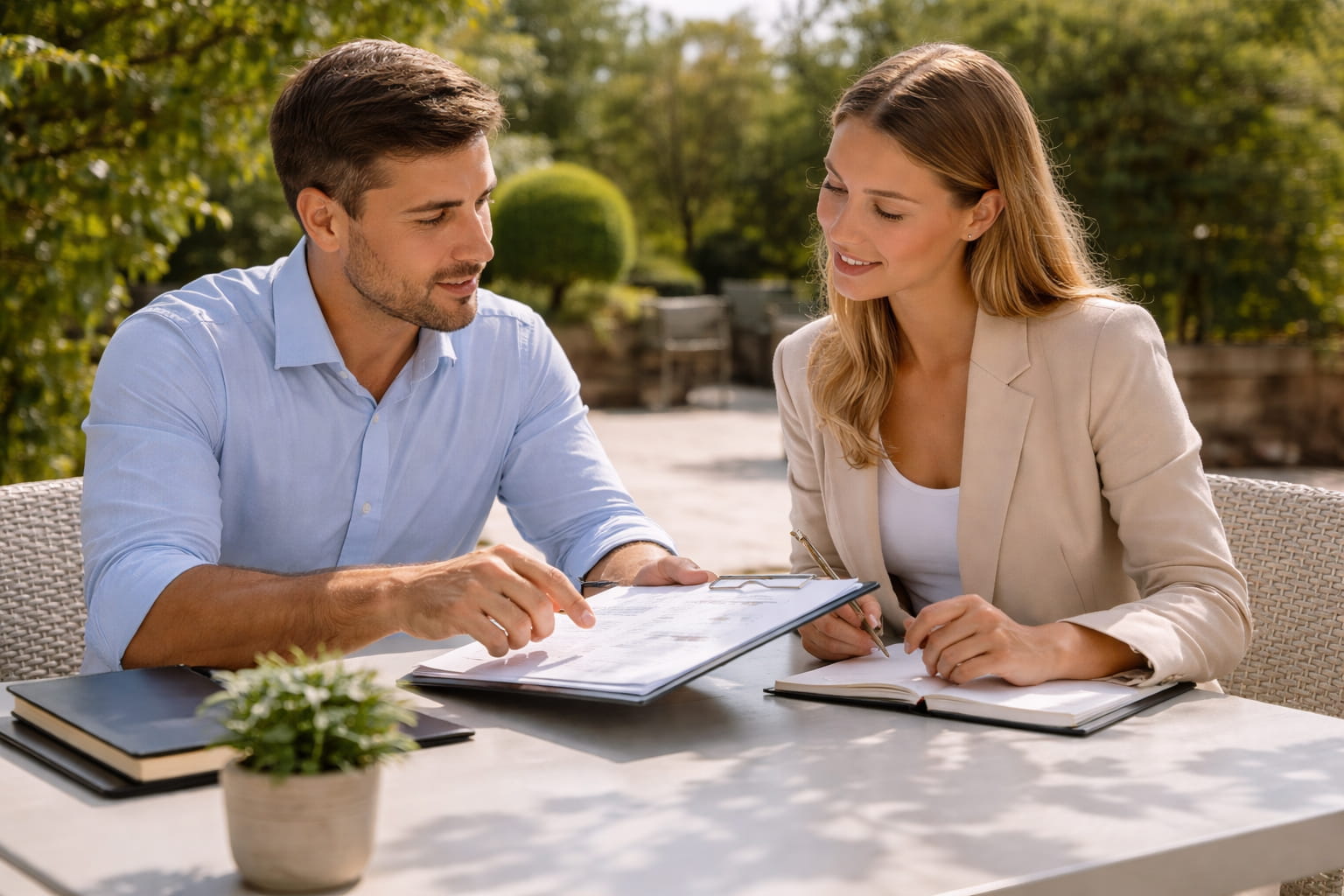 Propietarios revisando la información con un asesor antes de vender un terreno
