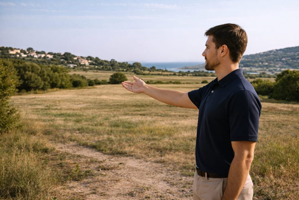 Propietario mostrando el terreno que quiere vender para recibir una valoración orientativa