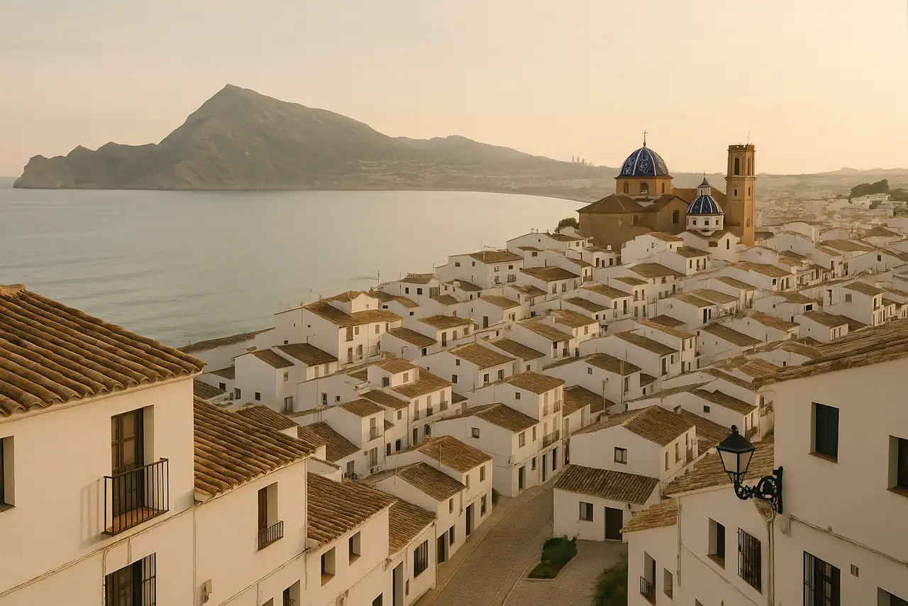 Vista realista de Altea con costa, casco blanco y entorno mediterráneo