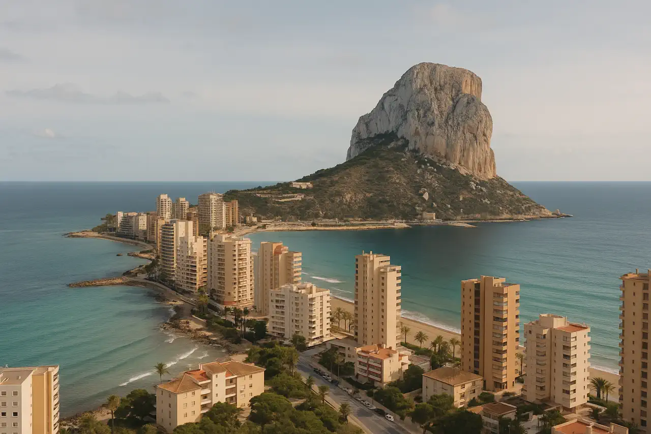 Vista realista de Calpe con Peñón, costa y entorno urbano mediterráneo