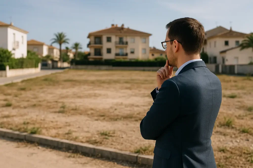 Comprador analizando un terreno antes de comprarlo y presentar una oferta