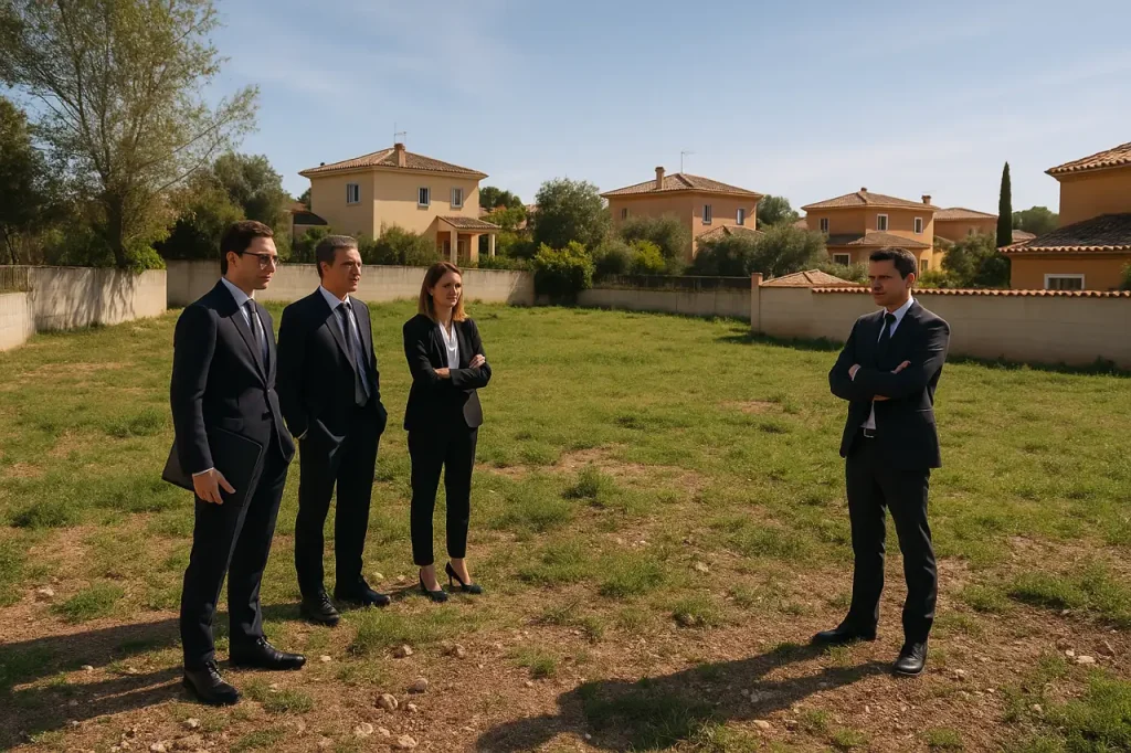Compradores interesados observando un terreno en venta con enfoque profesional