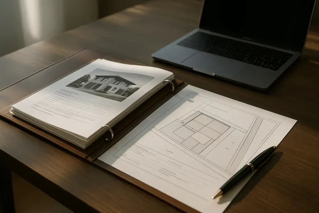Carpeta con documentos para vender un terreno y plano de parcela preparada para la venta