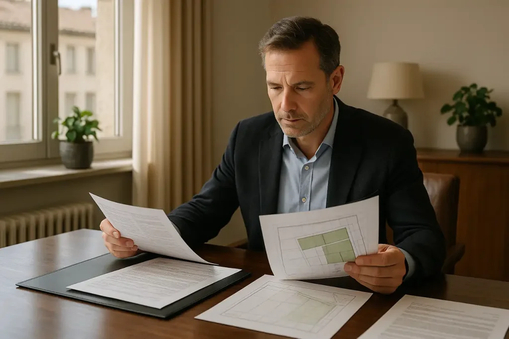 Propietario revisando impuestos al vender un terreno con documentación organizada