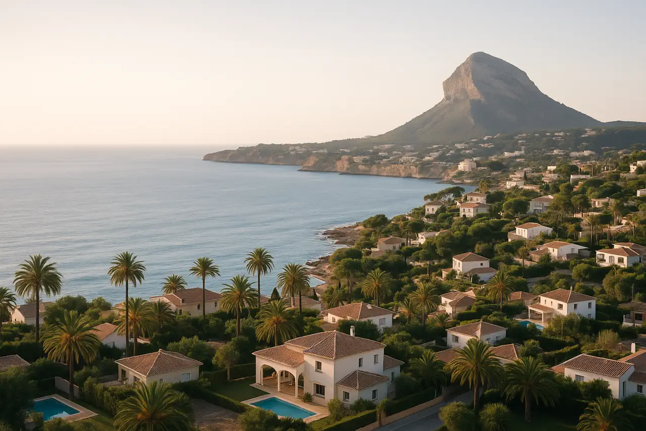 Vista realista de Jávea con costa, entorno mediterráneo y zonas residenciales