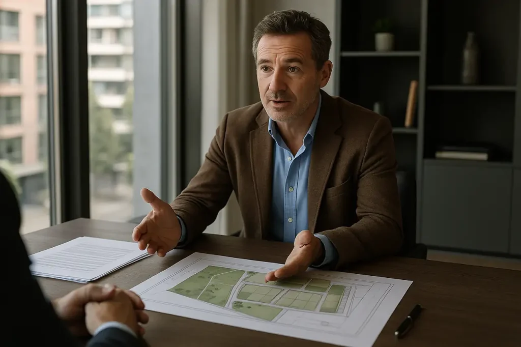 Propietario negociando la venta de un terreno con documentación clara y enfoque profesional