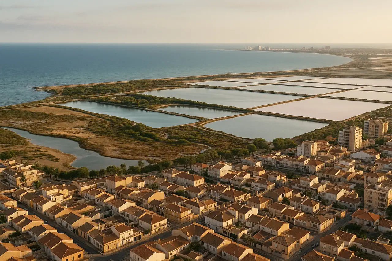 Vista realista de San Pedro del Pinatar con costa, salinas y entorno urbano mediterráneo