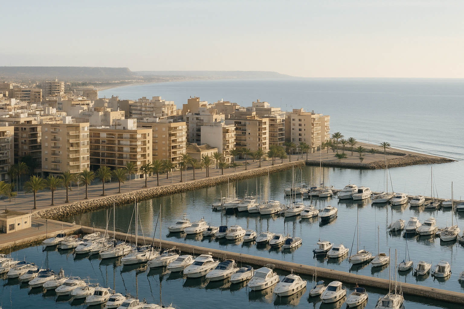Vista realista de Santa Pola con puerto, costa y entorno urbano mediterráneo