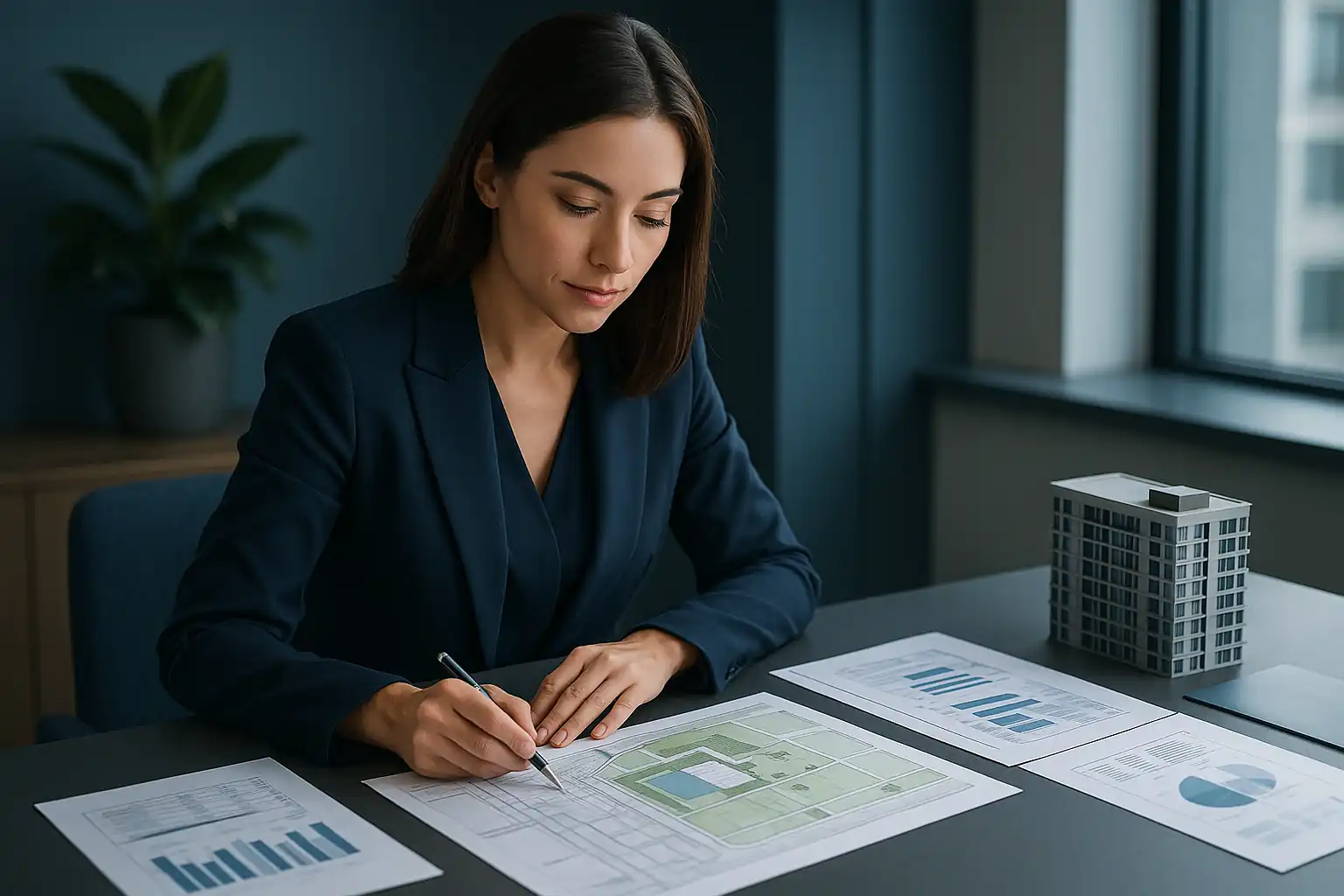 Profesional analizando documentación y mapas para valorar un terreno con criterio