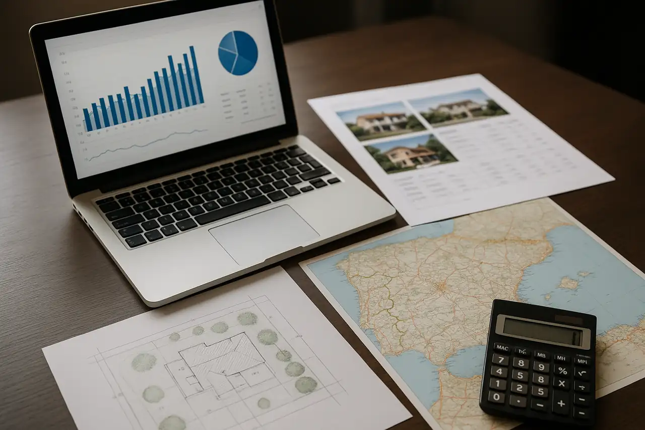 Análisis de comparables y precio de un terreno con planos y portátil sobre una mesa