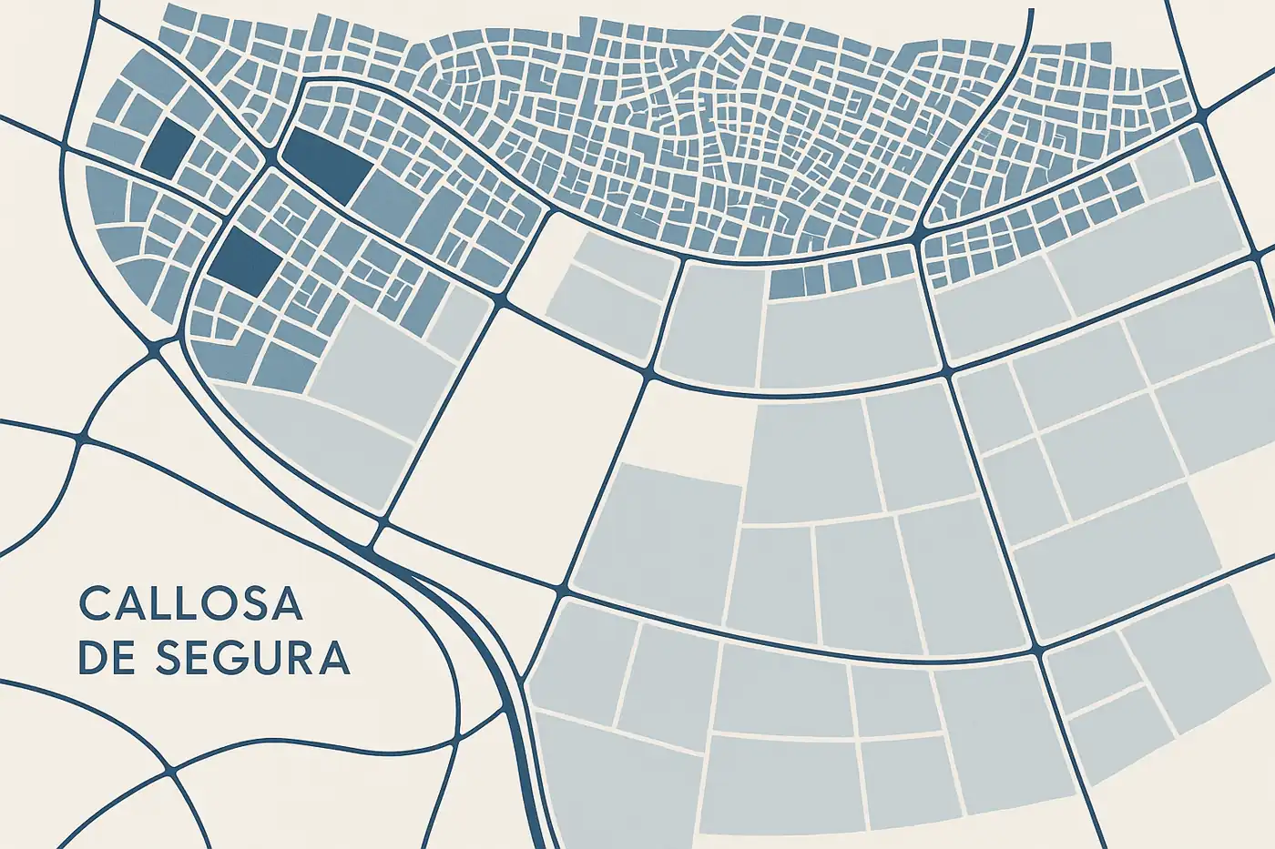 Ilustración minimalista de zonas y áreas clave de Callosa de Segura con enfoque inmobiliario