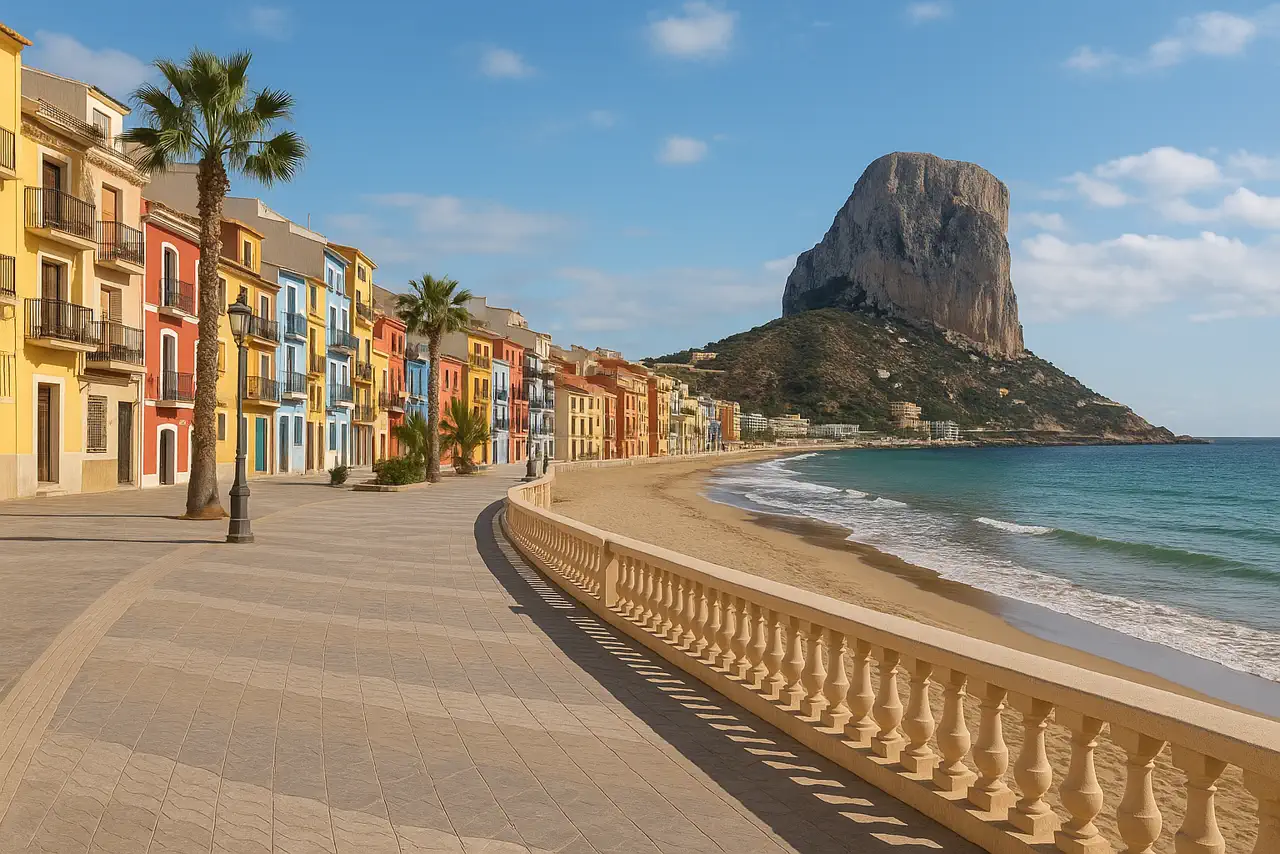 Calpe con barrios, paseo y entorno residencial costero realista