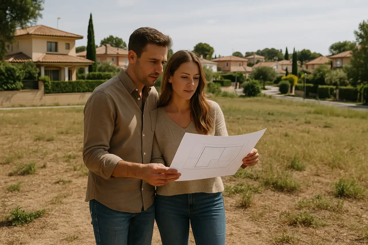 Comprador particular visitando un terreno con planos y enfoque residencial