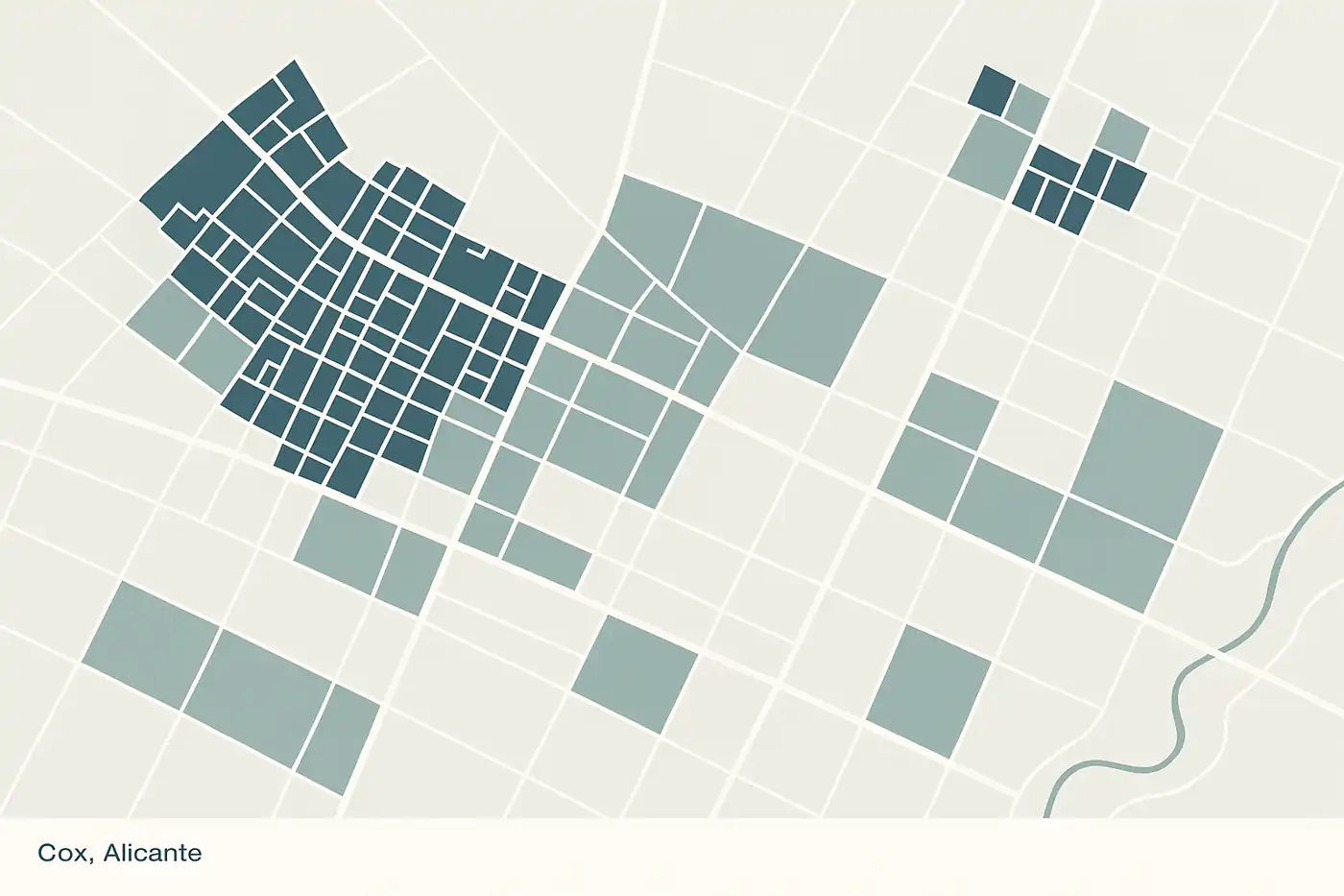 Ilustración minimalista de zonas clave y áreas residenciales de Cox con enfoque inmobiliario