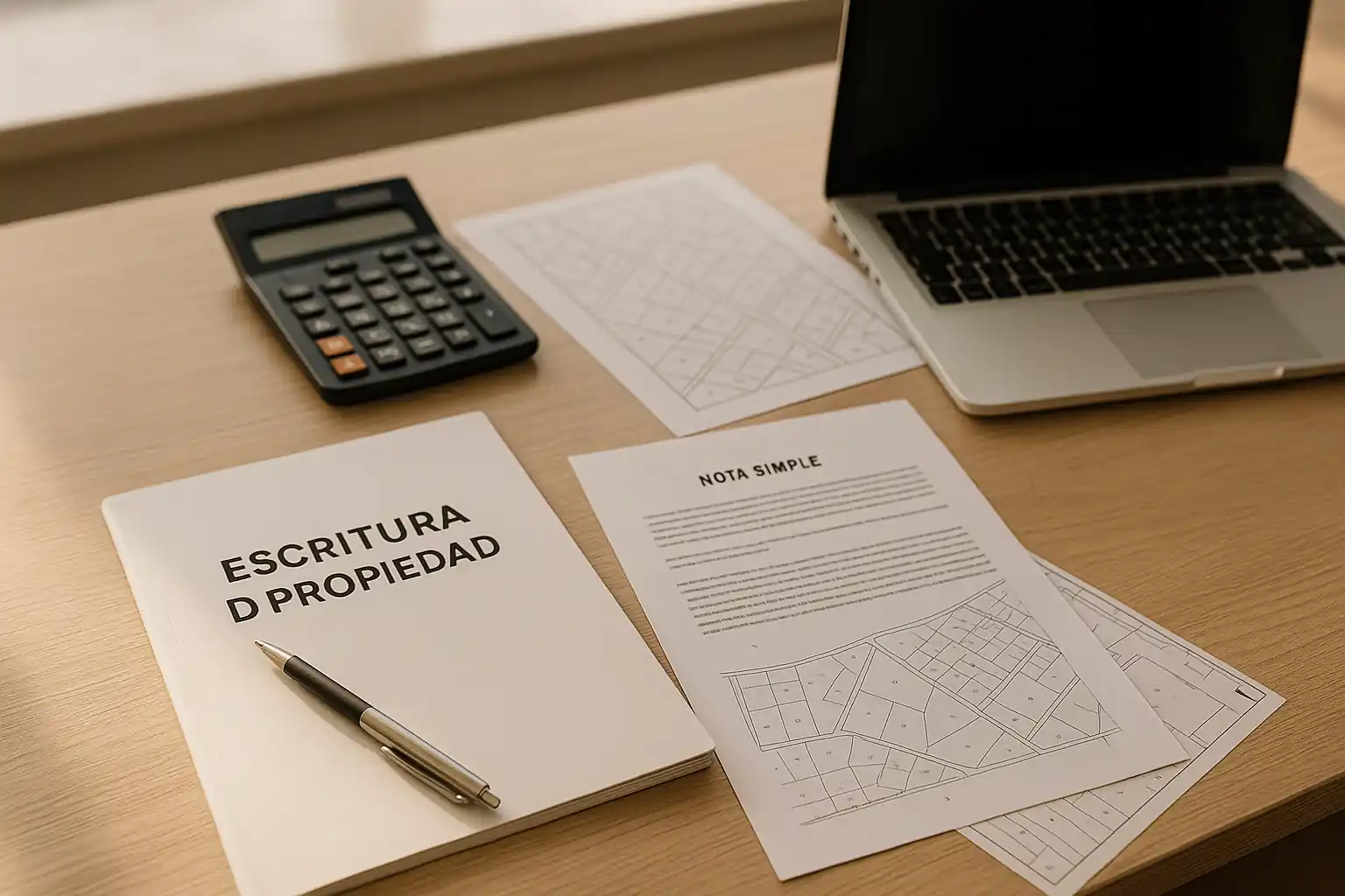 Escrituras, planos y nota simple para vender una parcela urbana sobre una mesa de trabajo