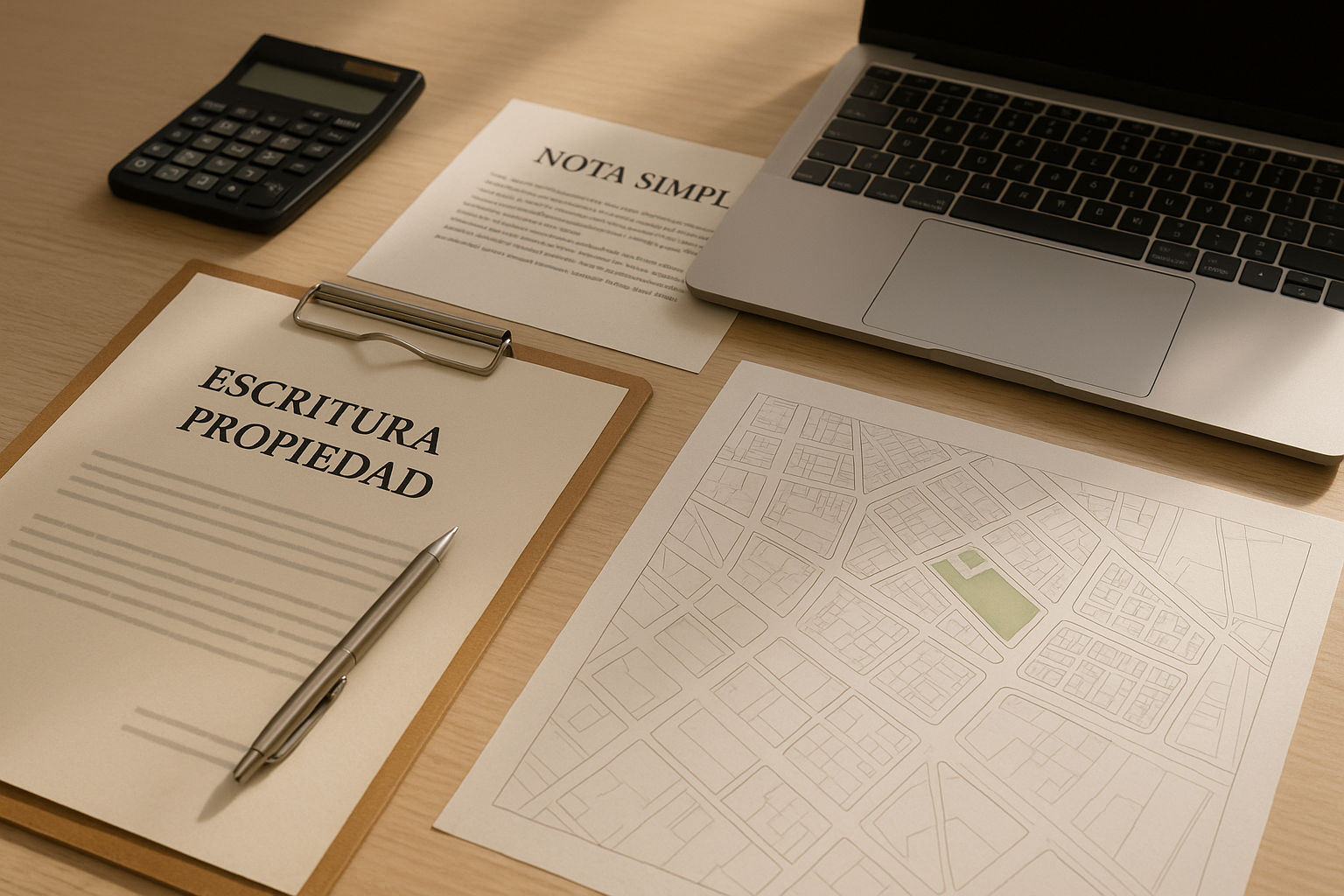 Documentación y planos urbanísticos para vender un solar urbano sobre una mesa de trabajo