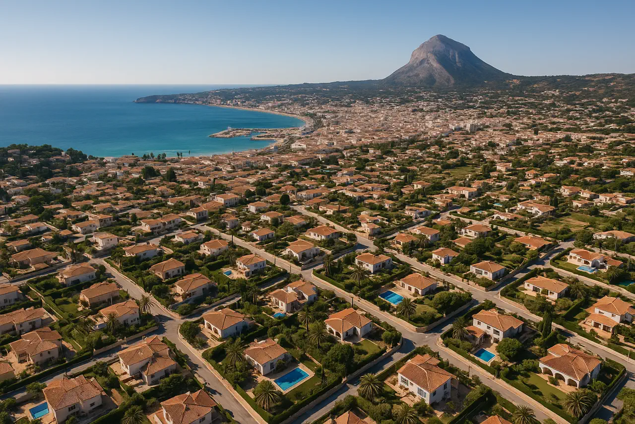 Jávea con barrios, zonas residenciales y entorno costero realista