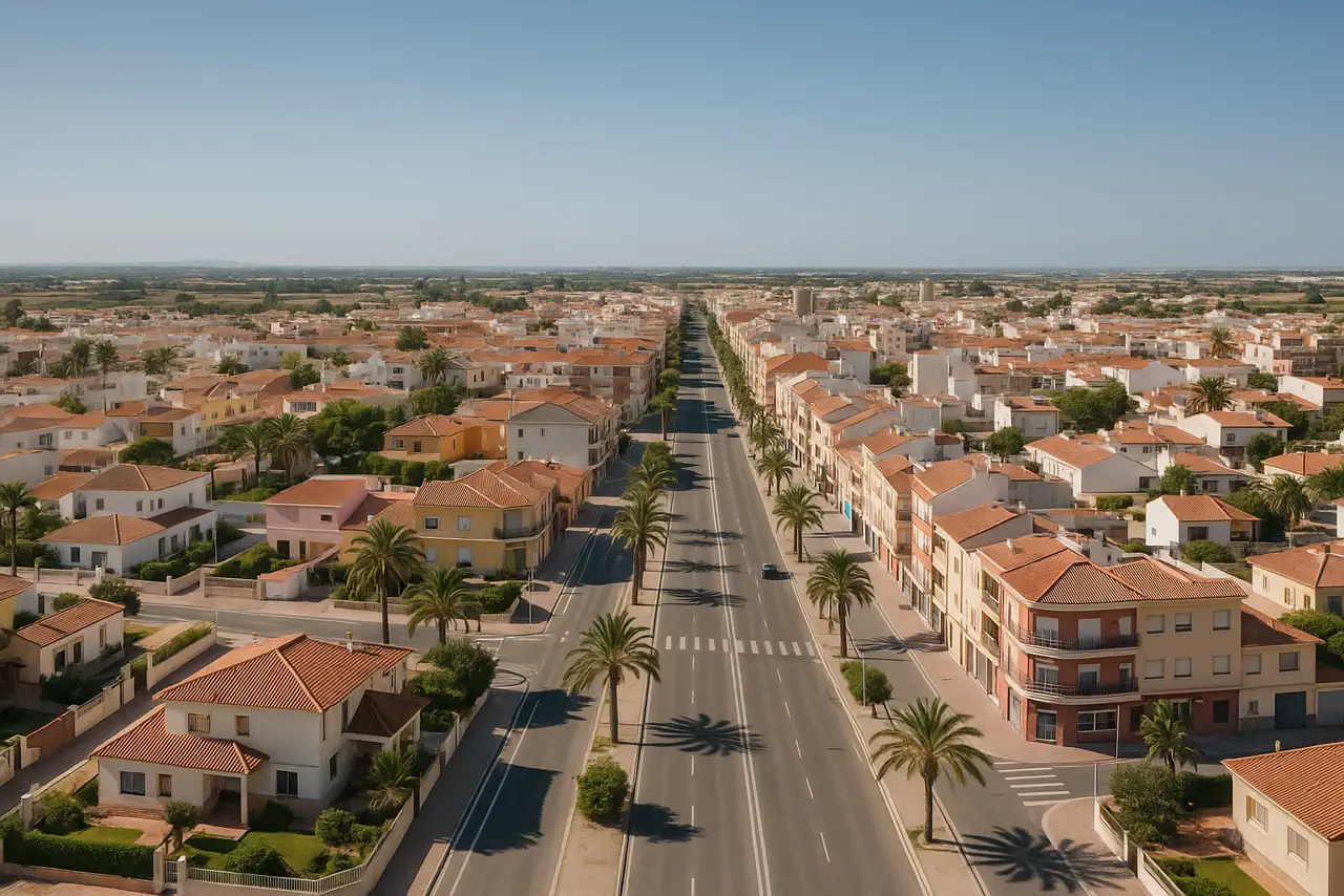 Pilar de la Horadada con barrios, avenidas y entorno residencial costero realista