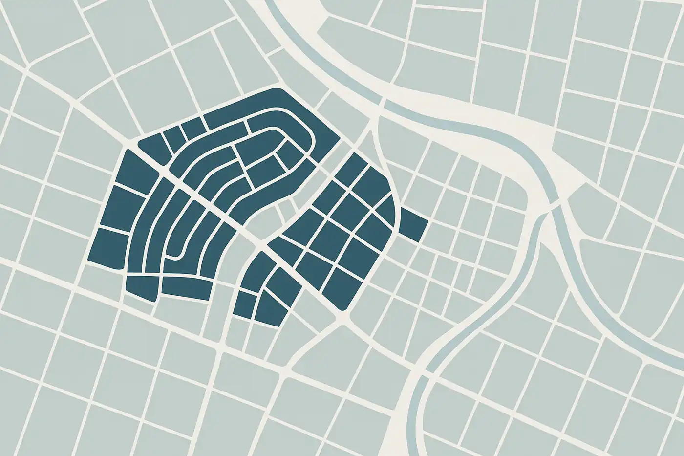 Ilustración minimalista de zonas clave y áreas residenciales de Rojales con enfoque inmobiliario
