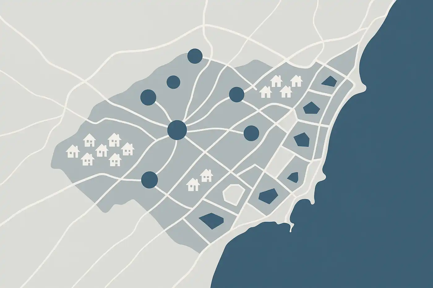 Ilustración minimalista de zonas clave de la Vega Baja con costa, municipios y conexiones estratégicas