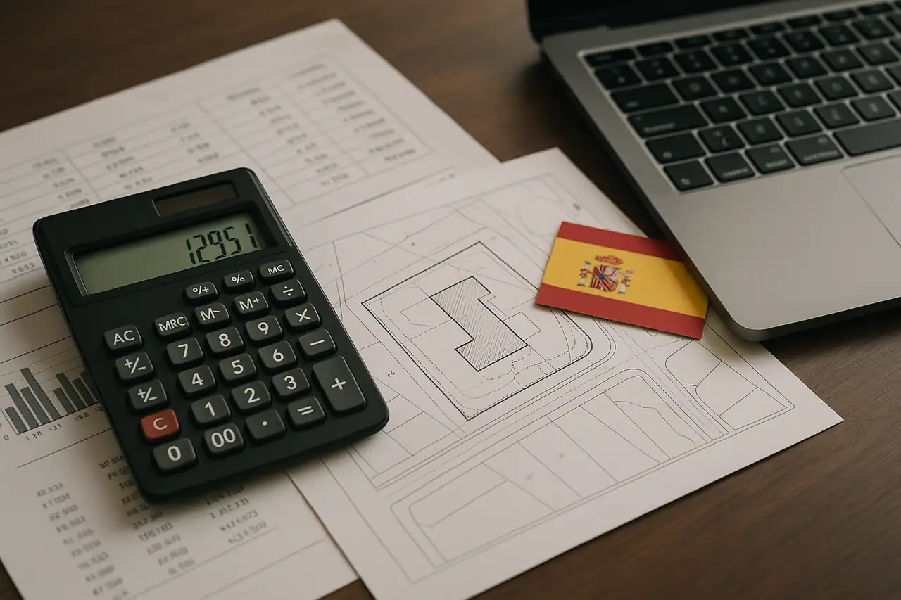 Cálculo orientativo de impuestos al vender un terreno con calculadora y papeles sobre la mesa