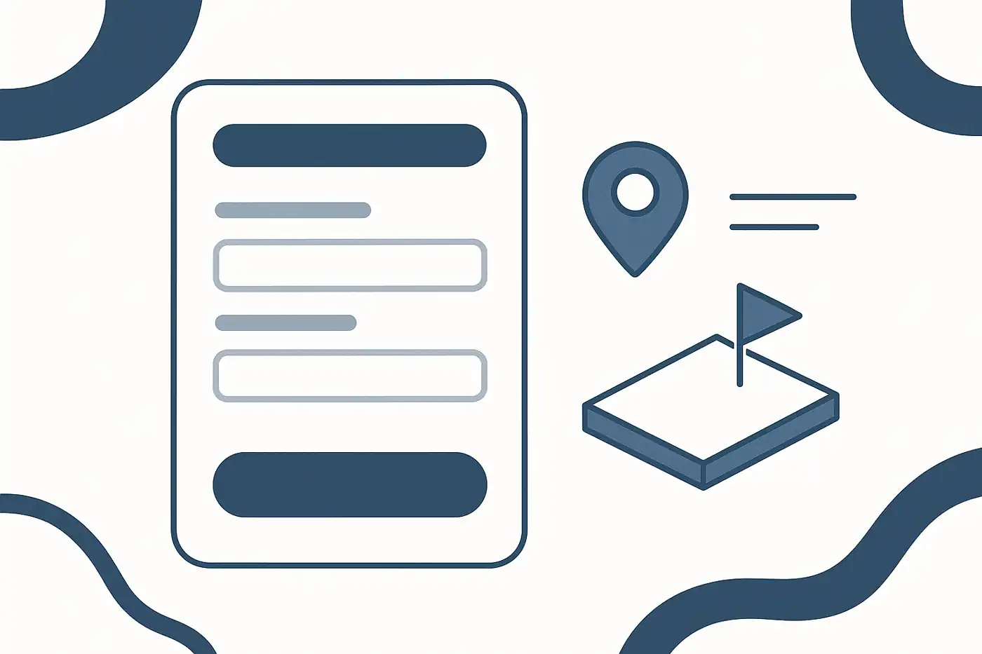 Ilustración minimalista del primer contacto para vender terreno con formulario, móvil y líneas corporativas azules