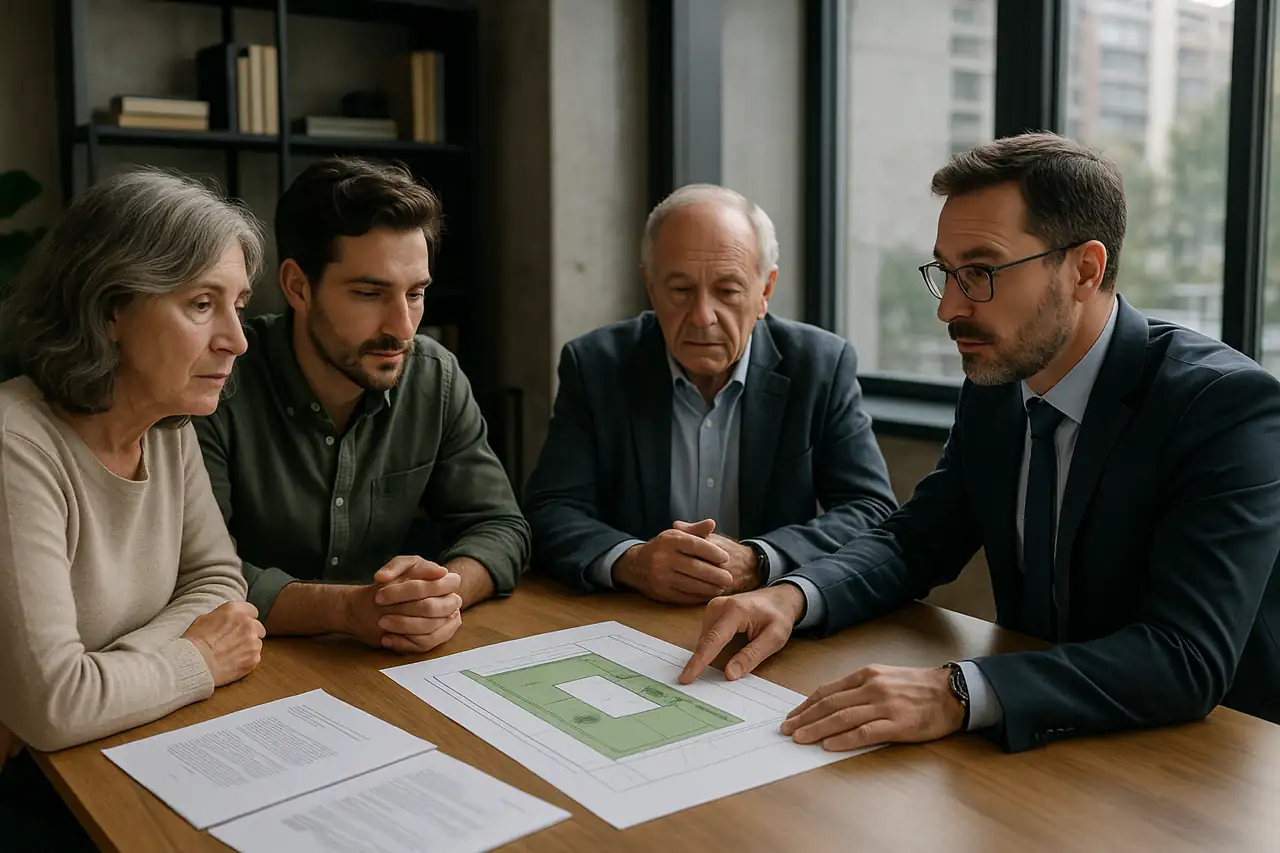 Varios herederos revisando juntos la venta de un terreno con documentos sobre la mesa