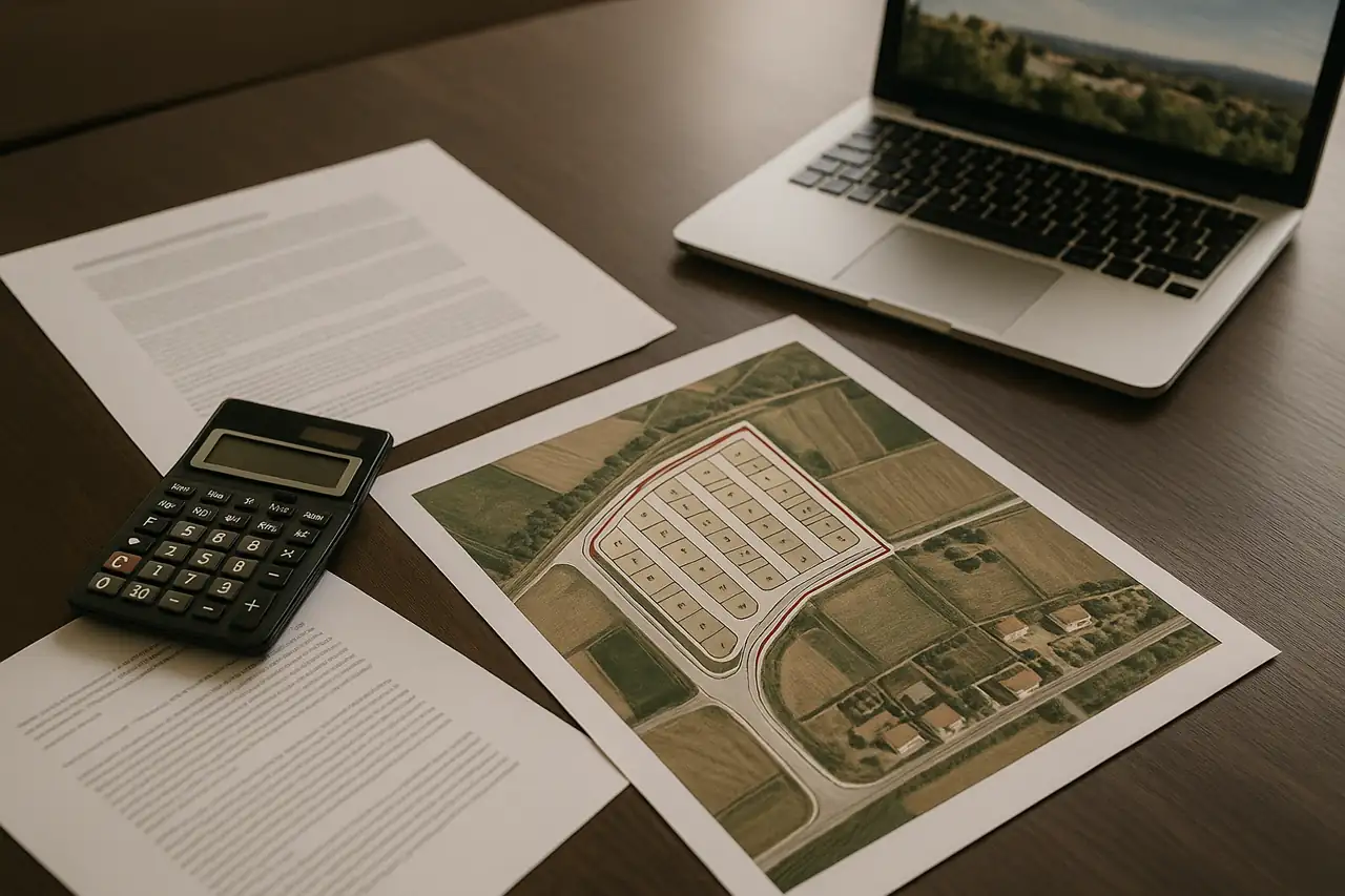 Análisis detallado de una oferta para vender un terreno con calculadora y documentación