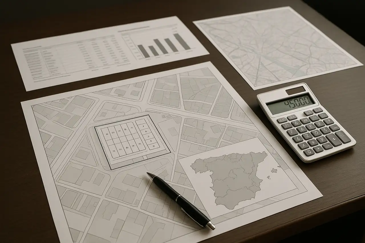 Análisis de precio de un solar urbano con documentos y calculadora para evitar errores de salida al mercado