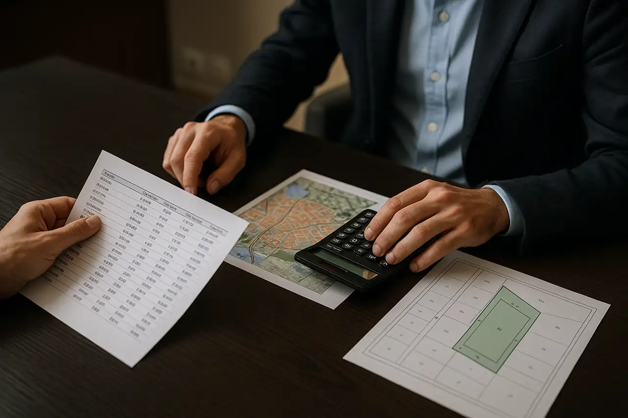 Comprador comparando precio y valor de un terreno antes de hacer una oferta