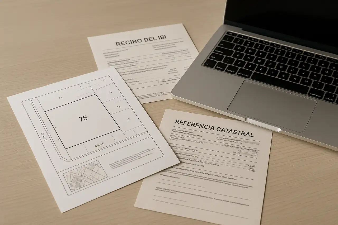 Referencia catastral, recibo del IBI y planos para preparar la venta de un terreno