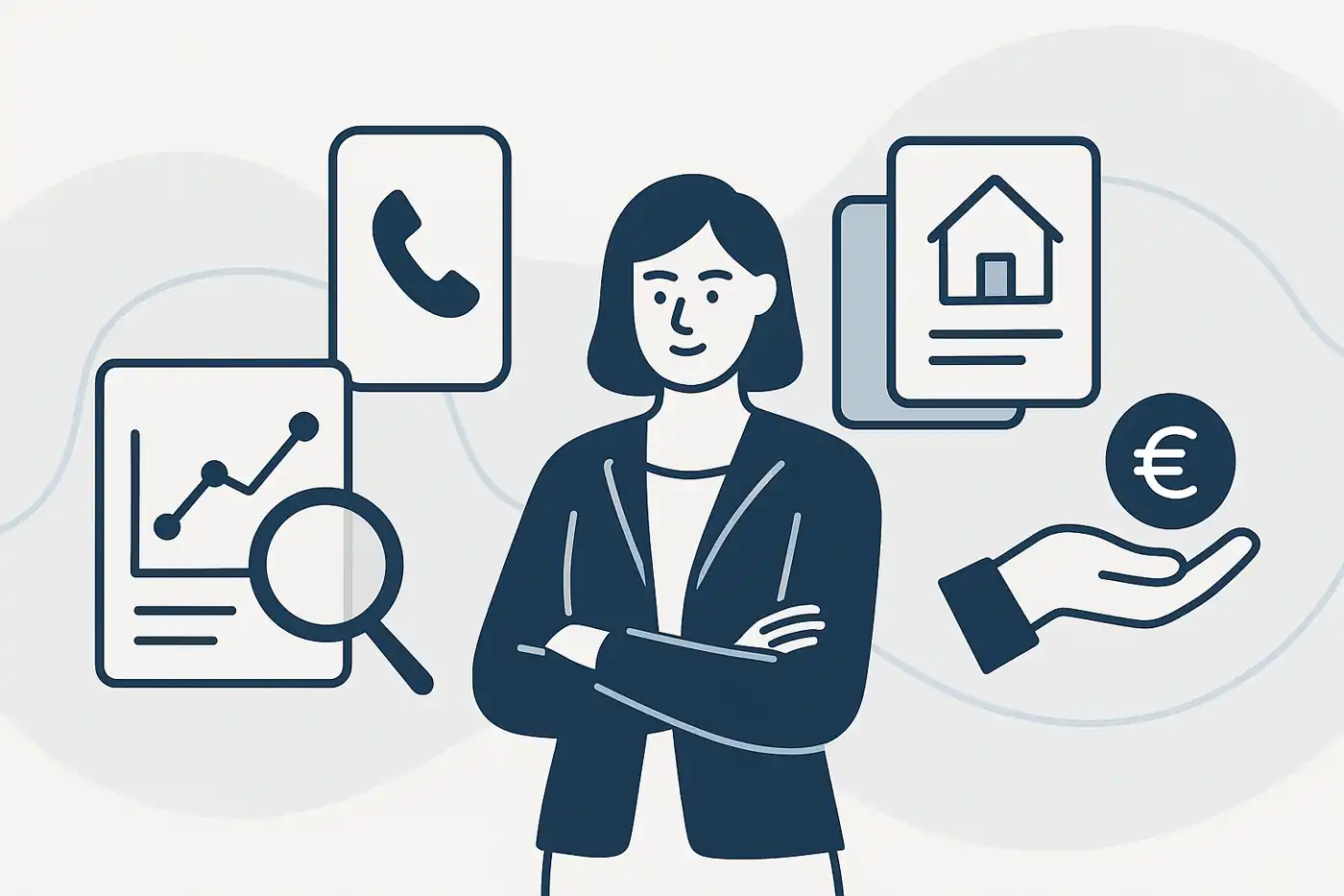 Ilustración minimalista del análisis y orientación para vender terreno con documentación, llamada y flujo visual corporativo