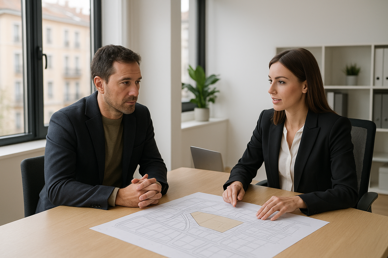 Reunión de negociación entre propietario y comprador profesional de un solar urbano