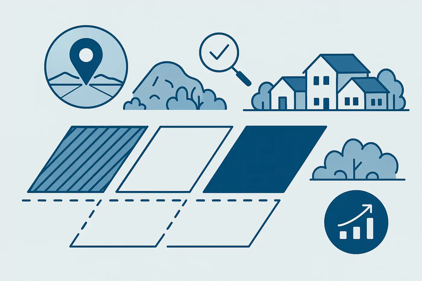 Ilustración minimalista del potencial residencial y comercial de terrenos en Cox