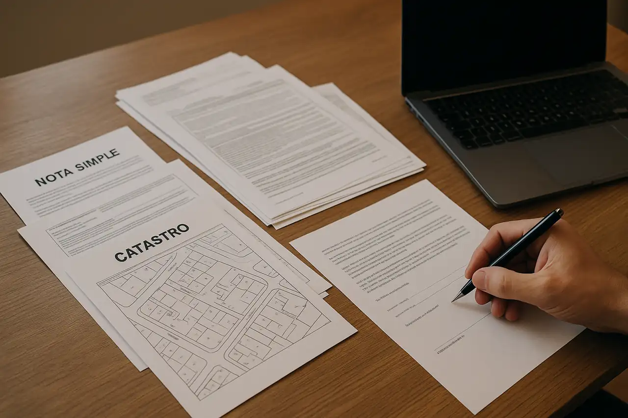 Documentación incompleta de terreno en venta sobre mesa de trabajo profesional