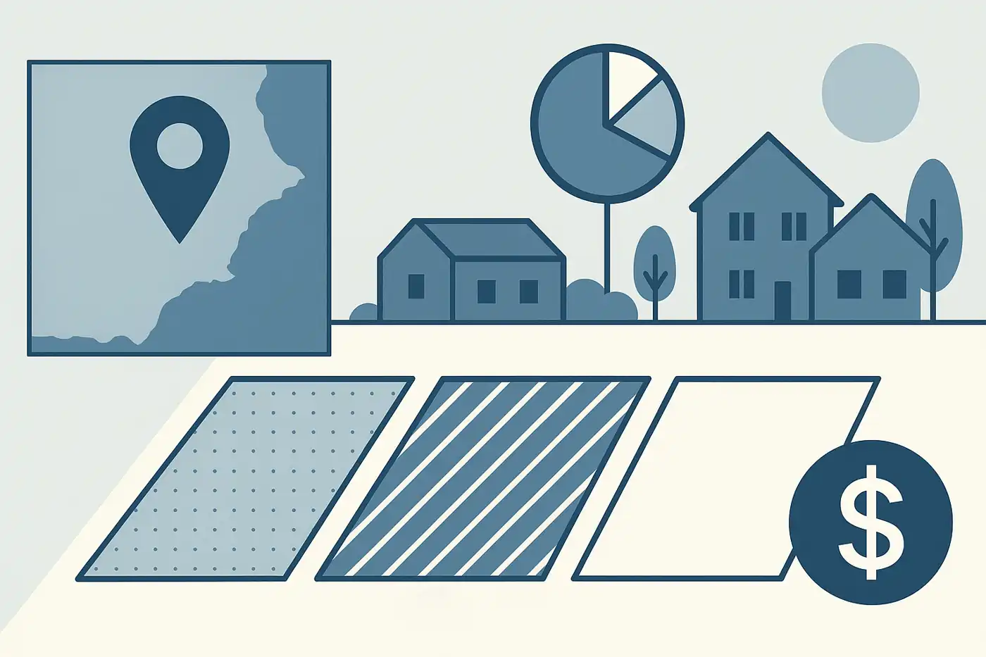 Ilustración minimalista del potencial residencial y comercial de terrenos en Dolores Alicante