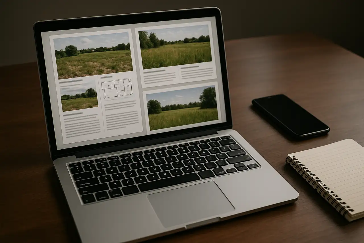 Presentación profesional de un terreno en venta con fotos y enfoque comercial claro