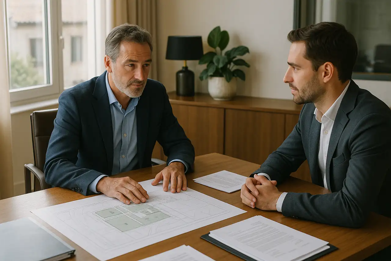 Reunión profesional entre propietario y comprador para negociar la venta de un terreno