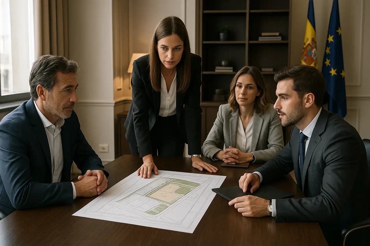 Reunión profesional entre propietario y promotora para negociar la compra de un solar