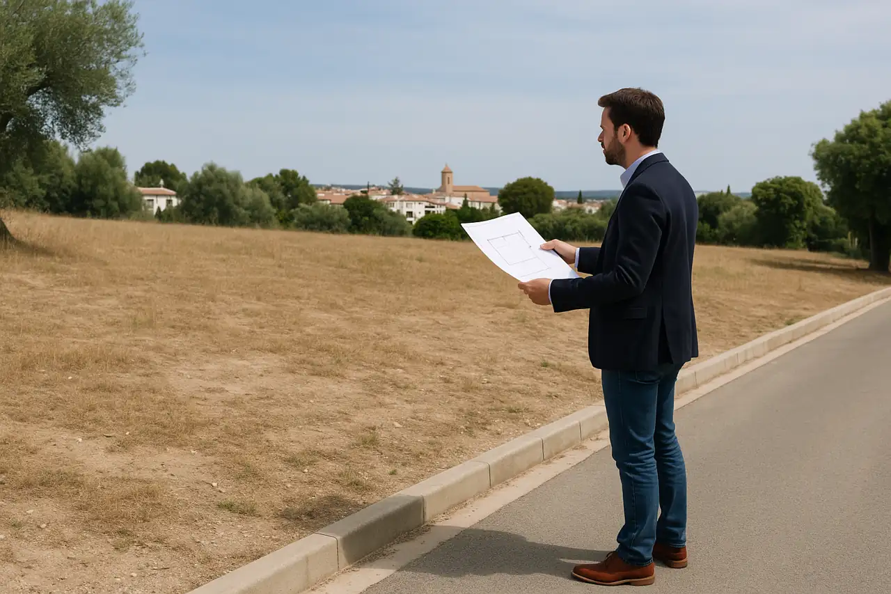Comprador revisando un terreno en venta con precio bien planteado y presentación clara