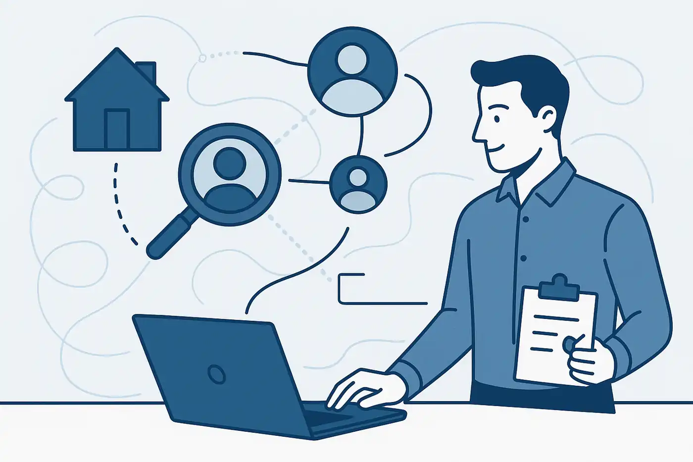 Ilustración minimalista de activación de compradores y seguimiento con nodos, filtros y elementos corporativos azules