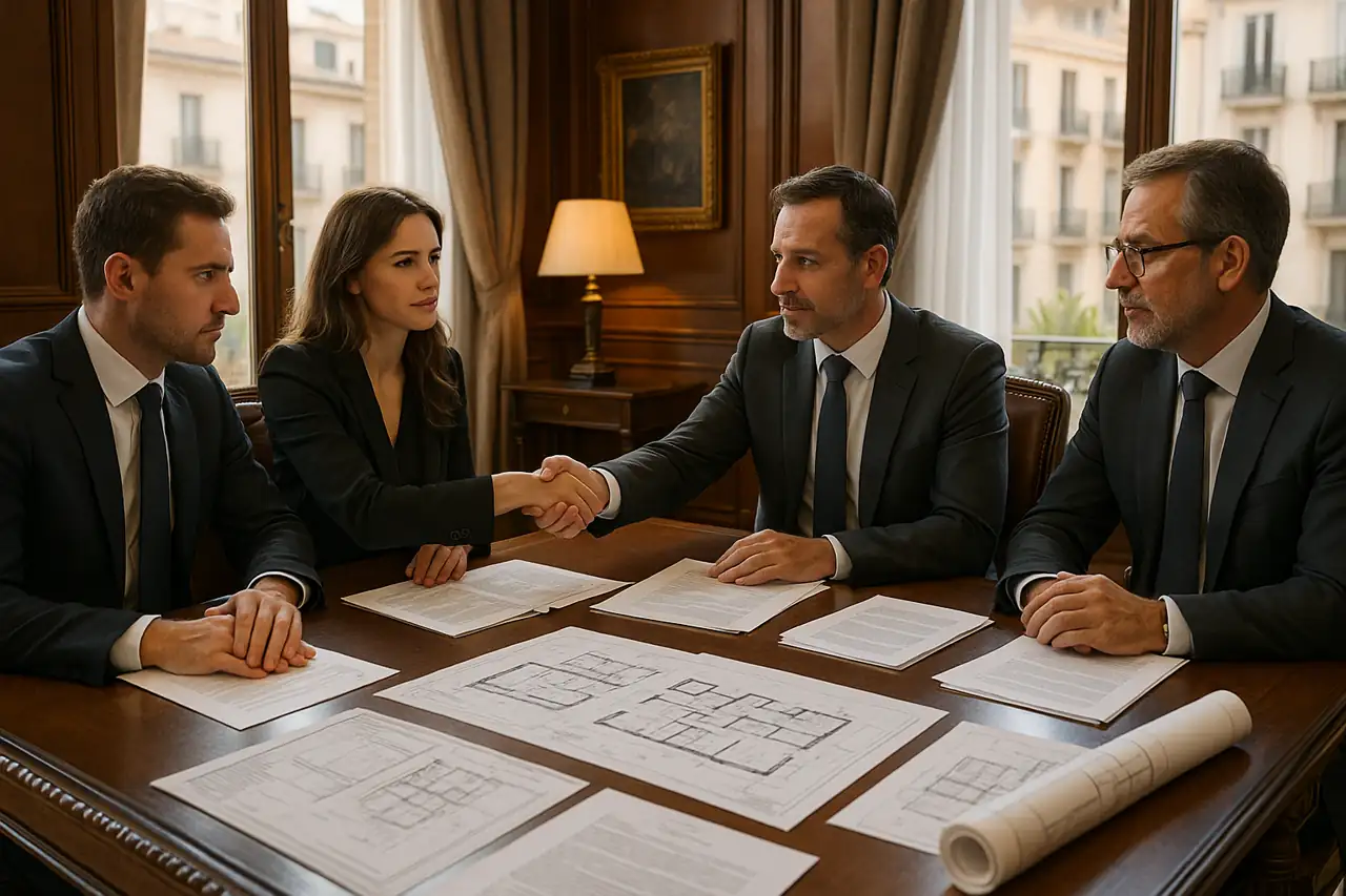 Negociación de venta de terreno en despacho profesional con planos y oferta sobre la mesa