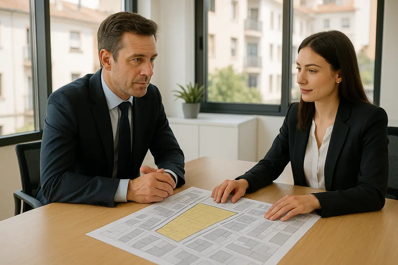 Reunión de negociación entre propietario y comprador de un solar urbano en despacho profesional