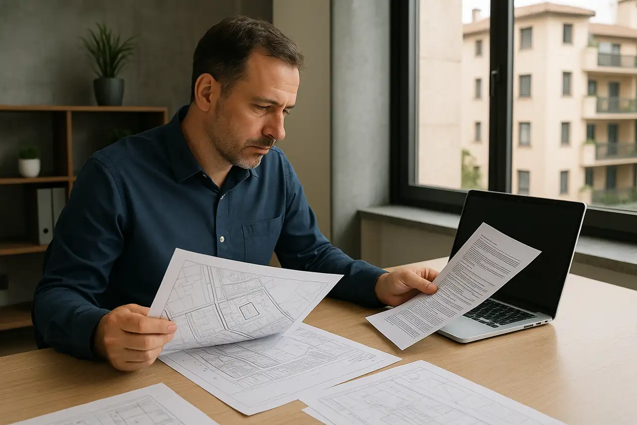 Técnico revisando la viabilidad urbanística de un terreno que cuesta vender