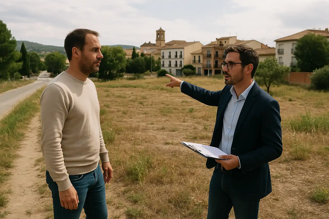 Visita bien enfocada a una parcela edificable con comprador revisando acceso y posibilidades