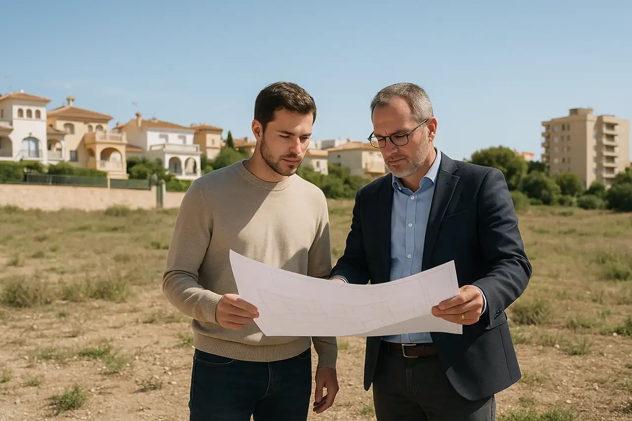 Comprador revisando sobre el terreno una parcela o solar antes de hacer oferta