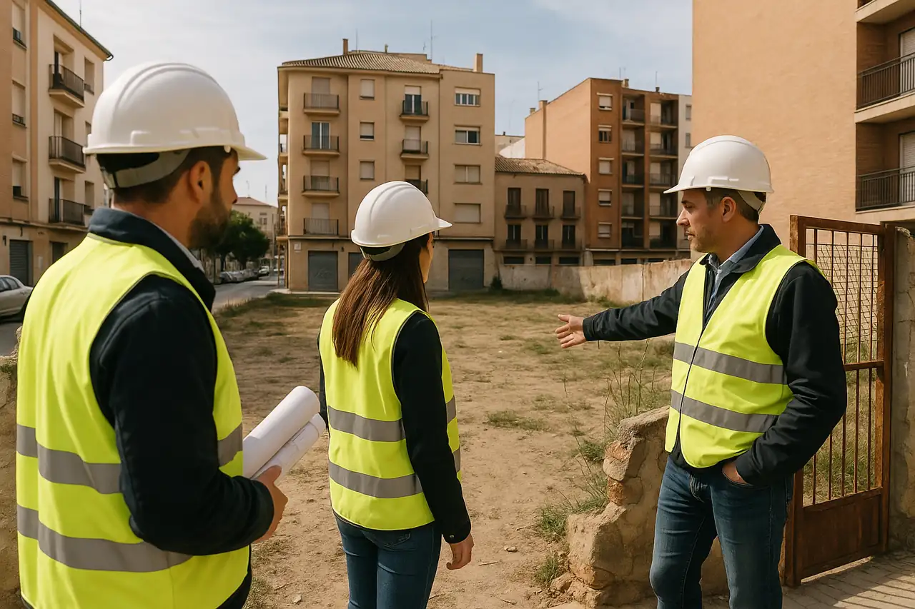 Visita técnica de una promotora revisando acceso, entorno y viabilidad de un solar urbano