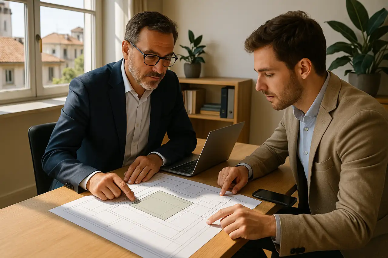 Reunión entre propietario y comprador cualificado interesado en un terreno